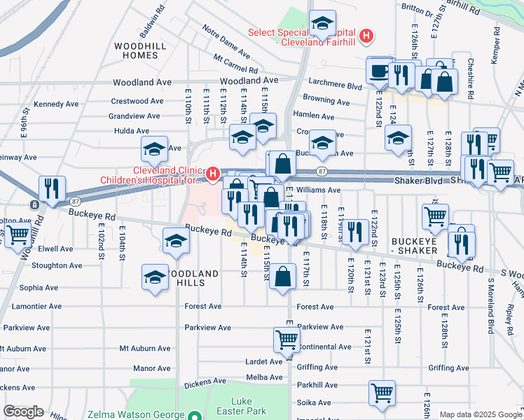 map of restaurants, bars, coffee shops, grocery stores, and more near 11501 Buckeye Road in Cleveland