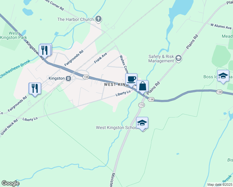 map of restaurants, bars, coffee shops, grocery stores, and more near 65 Liberty Lane in South Kingstown