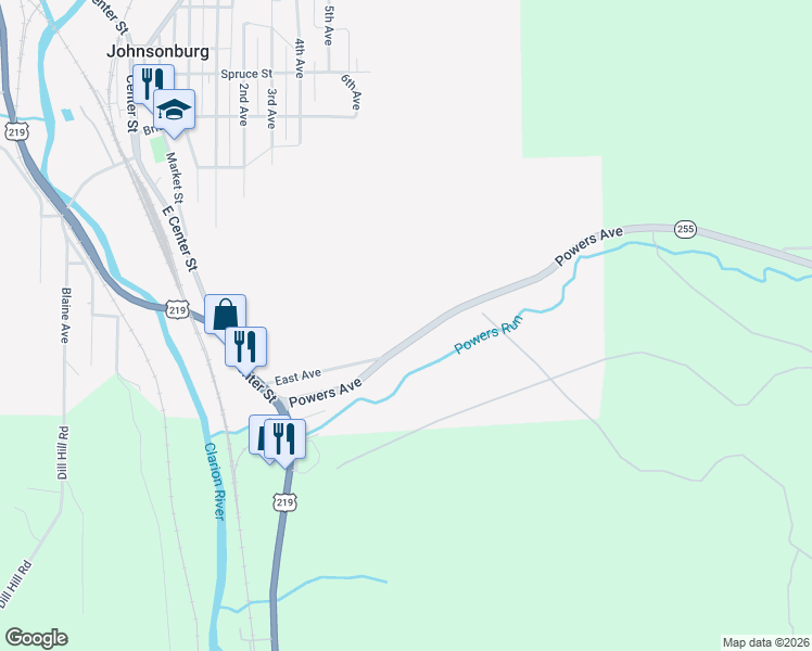 map of restaurants, bars, coffee shops, grocery stores, and more near 231 Powers Avenue in Johnsonburg
