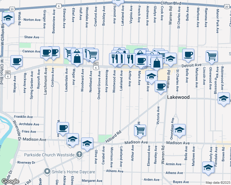 map of restaurants, bars, coffee shops, grocery stores, and more near 1493 Westwood Avenue in Lakewood