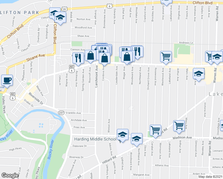 map of restaurants, bars, coffee shops, grocery stores, and more near 1501 Winton Avenue in Lakewood