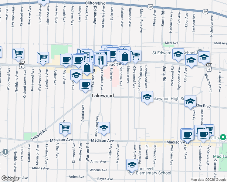 map of restaurants, bars, coffee shops, grocery stores, and more near 1501 Belle Avenue in Lakewood