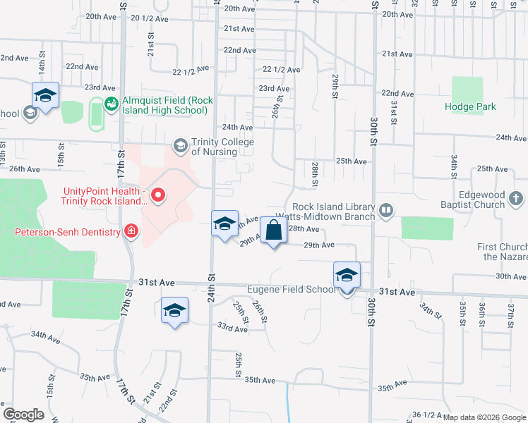 map of restaurants, bars, coffee shops, grocery stores, and more near 2525 28th Avenue in Rock Island