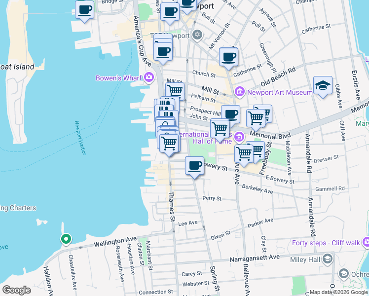 map of restaurants, bars, coffee shops, grocery stores, and more near 309 Spring Street in Newport