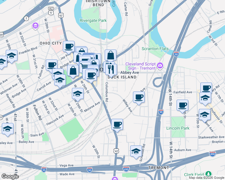 map of restaurants, bars, coffee shops, grocery stores, and more near 2254 West 20th Street in Cleveland