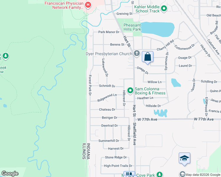 map of restaurants, bars, coffee shops, grocery stores, and more near 110 Schmidt Dr in Dyer