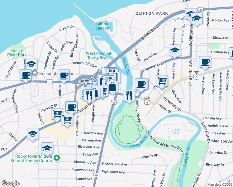 map of restaurants, bars, coffee shops, grocery stores, and more near 13443 Detroit Road in Rocky River