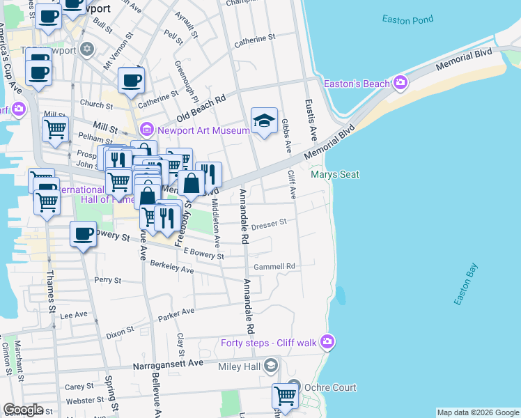 map of restaurants, bars, coffee shops, grocery stores, and more near 53 Merton Road in Newport