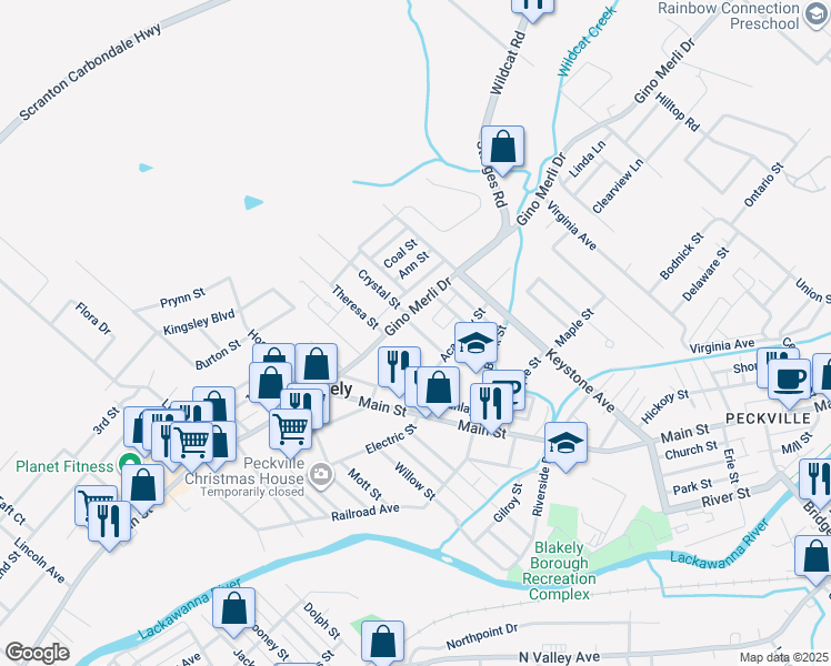 map of restaurants, bars, coffee shops, grocery stores, and more near 627 Crystal St in Blakely