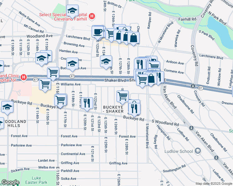map of restaurants, bars, coffee shops, grocery stores, and more near 2782 East 126th Street in Cleveland