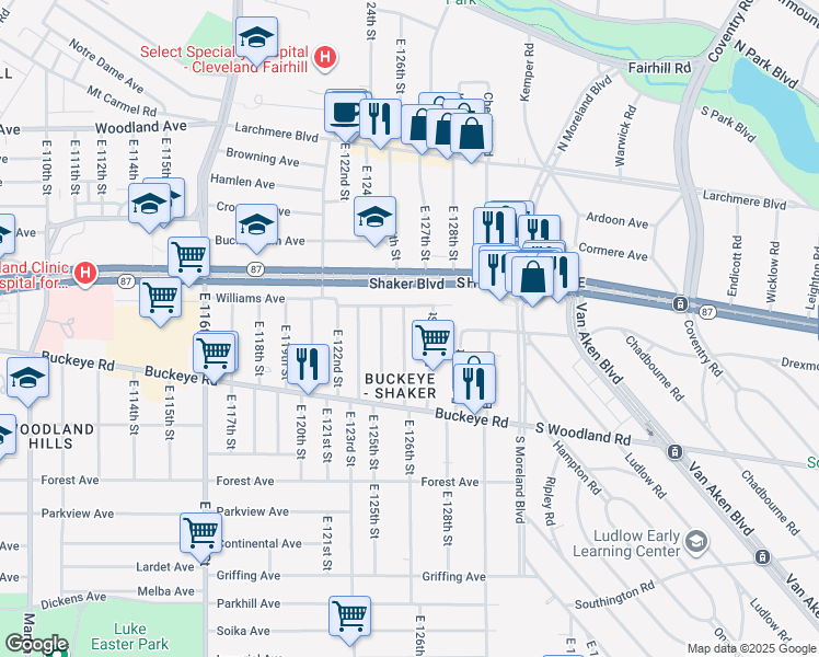 map of restaurants, bars, coffee shops, grocery stores, and more near 2782 East 126th Street in Cleveland