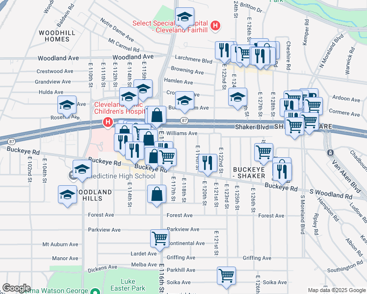 map of restaurants, bars, coffee shops, grocery stores, and more near 2805 East 117th Street in Cleveland