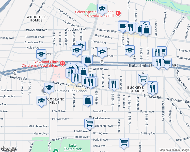 map of restaurants, bars, coffee shops, grocery stores, and more near 2805 East 117th Street in Cleveland