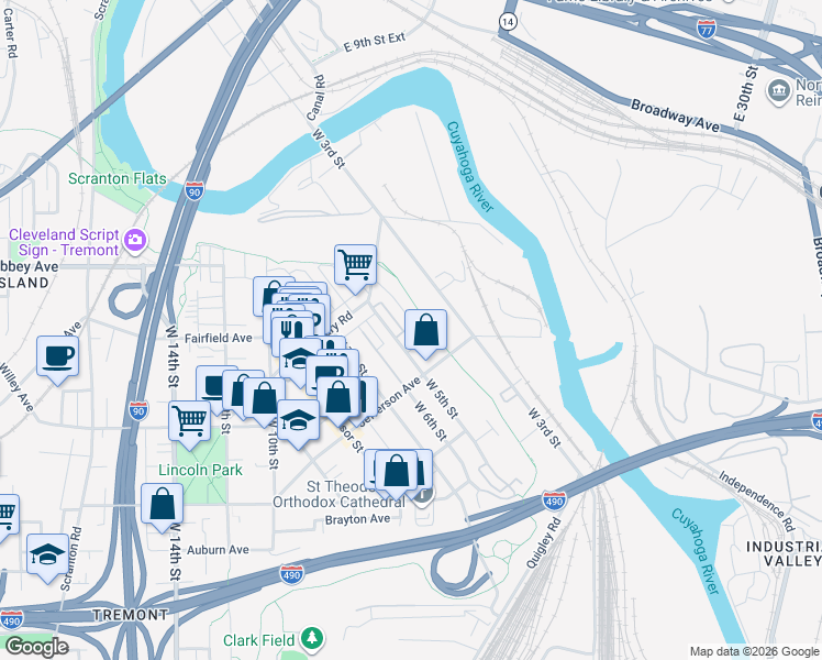 map of restaurants, bars, coffee shops, grocery stores, and more near 2291 City View Drive in Cleveland
