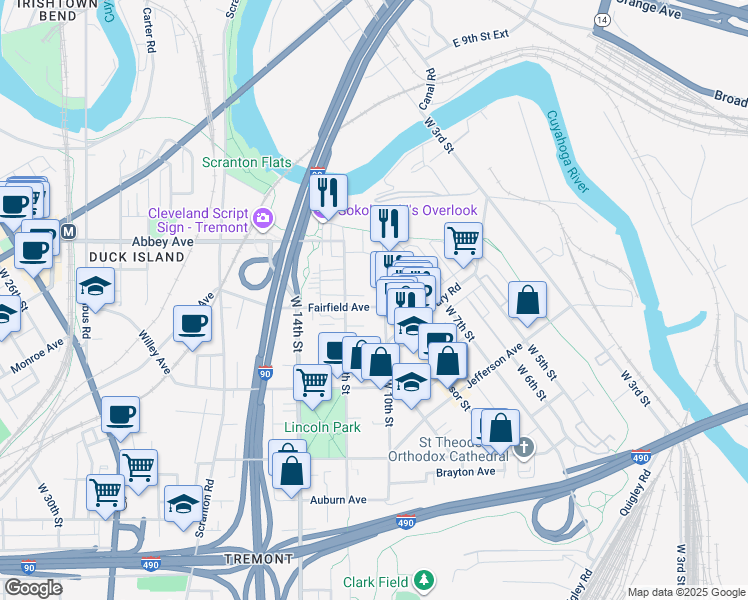 map of restaurants, bars, coffee shops, grocery stores, and more near 1018 Fairfield Avenue in Cleveland