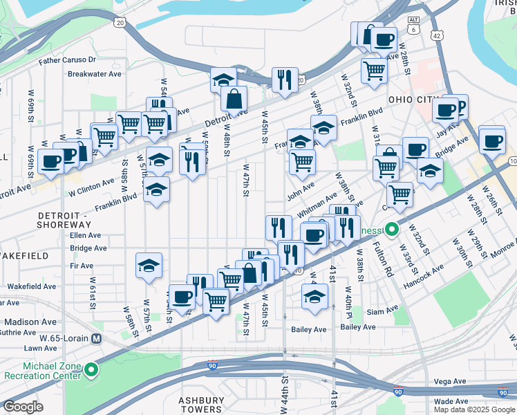 map of restaurants, bars, coffee shops, grocery stores, and more near 1853 West 47th Street in Cleveland