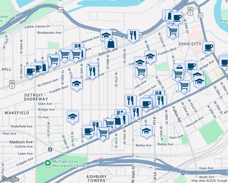 map of restaurants, bars, coffee shops, grocery stores, and more near 1853 West 47th Street in Cleveland