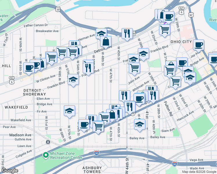 map of restaurants, bars, coffee shops, grocery stores, and more near 1853 West 47th Street in Cleveland
