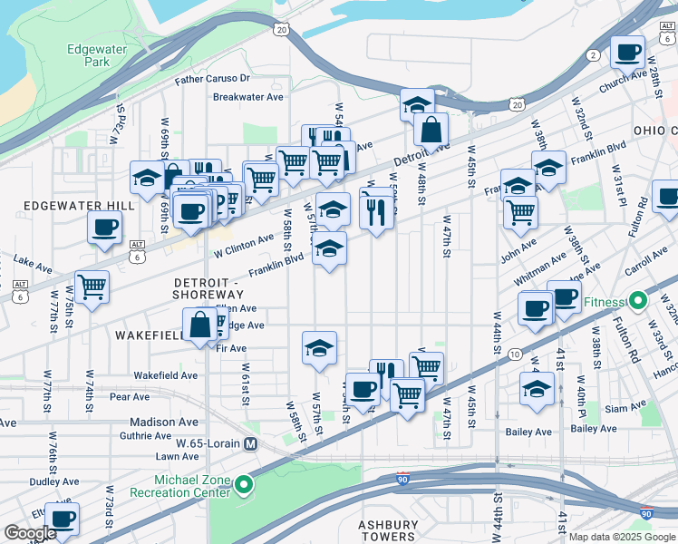 map of restaurants, bars, coffee shops, grocery stores, and more near 5507 Scott Court in Cleveland