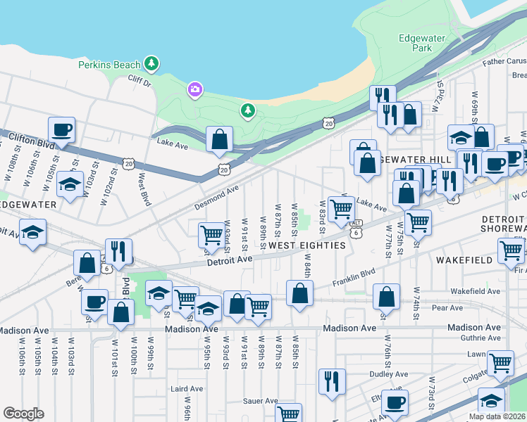 map of restaurants, bars, coffee shops, grocery stores, and more near 1318 West 89th Street in Cleveland
