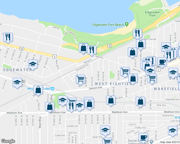 map of restaurants, bars, coffee shops, grocery stores, and more near 1315 West 93rd Street in Cleveland