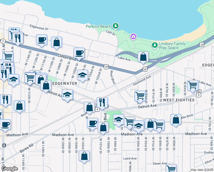 map of restaurants, bars, coffee shops, grocery stores, and more near 10020 Baltic Road in Cleveland