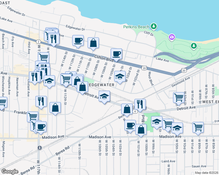 map of restaurants, bars, coffee shops, grocery stores, and more near 10501 Baltic Road in Cleveland