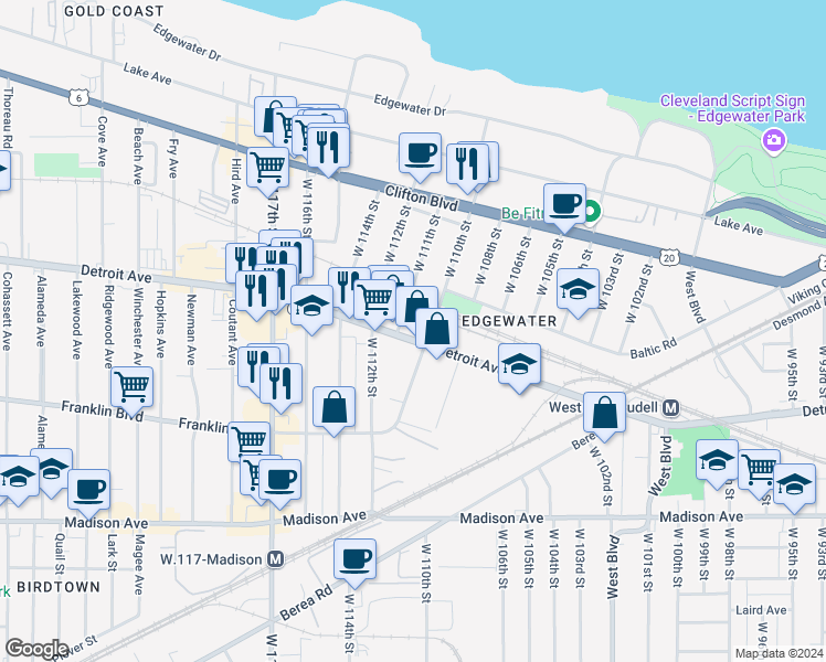 map of restaurants, bars, coffee shops, grocery stores, and more near in Cleveland