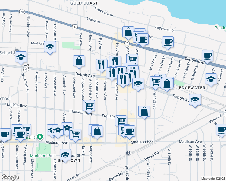 map of restaurants, bars, coffee shops, grocery stores, and more near 1446 Coutant Avenue in Lakewood