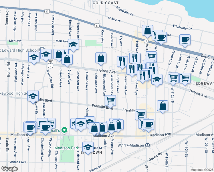 map of restaurants, bars, coffee shops, grocery stores, and more near 1457 Winchester Avenue in Lakewood