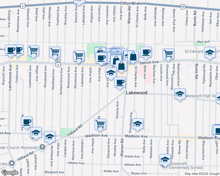 map of restaurants, bars, coffee shops, grocery stores, and more near 1488 Elmwood Avenue in Lakewood