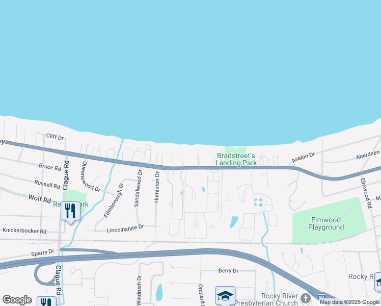 map of restaurants, bars, coffee shops, grocery stores, and more near 22732 Lake Road in Rocky River
