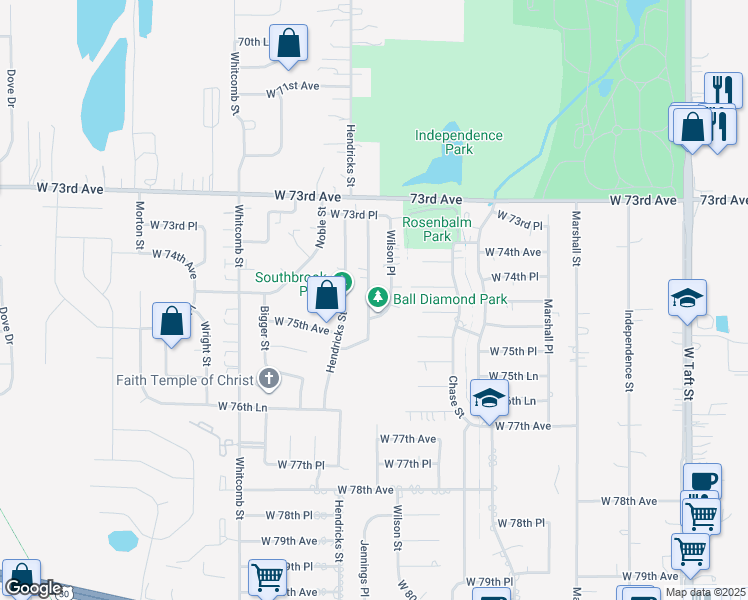 map of restaurants, bars, coffee shops, grocery stores, and more near 7454 Wilson Place in Merrillville