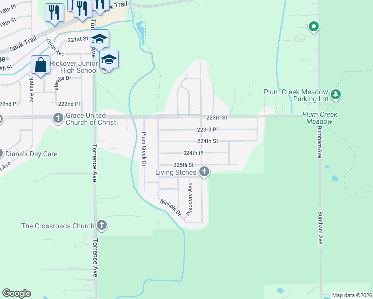 map of restaurants, bars, coffee shops, grocery stores, and more near 2919 224th Place in Sauk Village