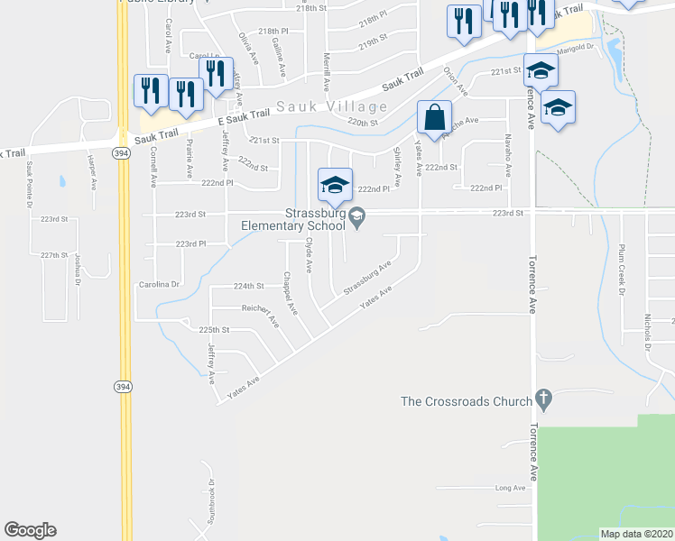 map of restaurants, bars, coffee shops, grocery stores, and more near 22407 Merrill Avenue in Chicago Heights