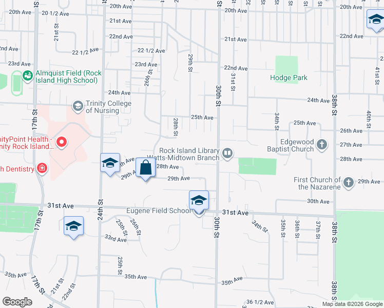 map of restaurants, bars, coffee shops, grocery stores, and more near 2900 27th Avenue in Rock Island
