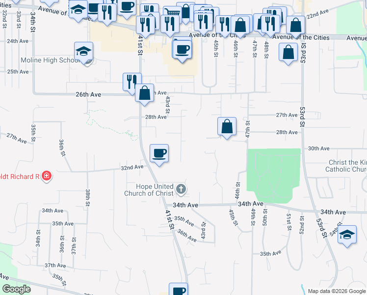 map of restaurants, bars, coffee shops, grocery stores, and more near 2920 44th Street in Moline