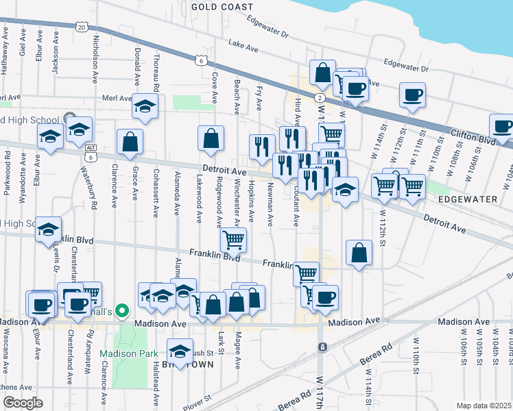 map of restaurants, bars, coffee shops, grocery stores, and more near 1451 Hopkins Avenue in Lakewood