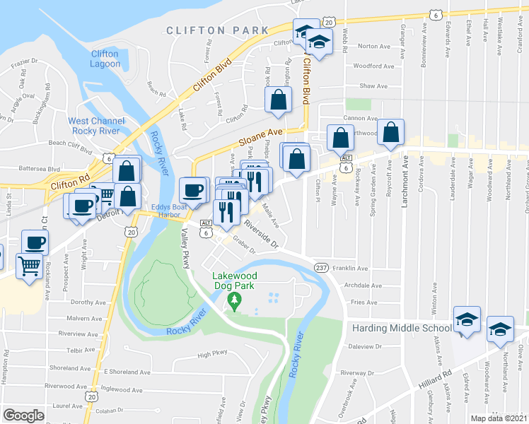 map of restaurants, bars, coffee shops, grocery stores, and more near 1420 Maile Avenue in Lakewood