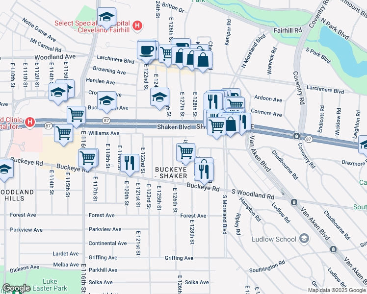 map of restaurants, bars, coffee shops, grocery stores, and more near 2782 East 127th Street in Cleveland