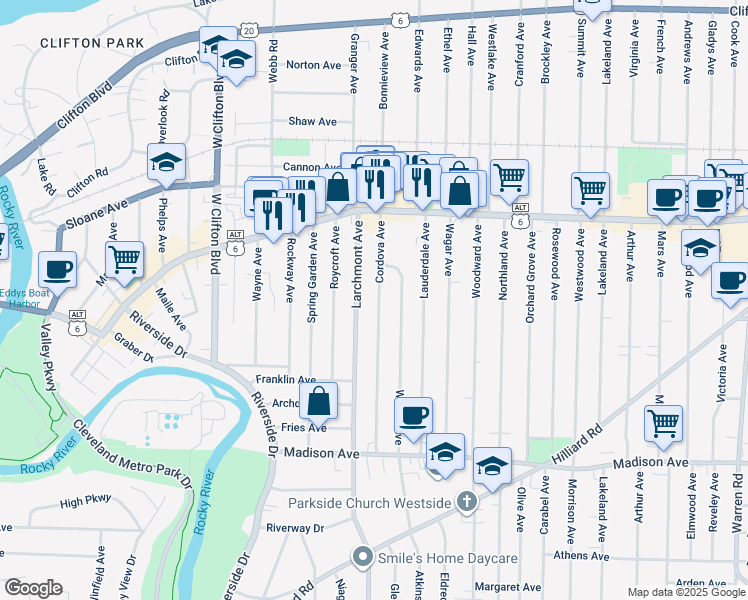 map of restaurants, bars, coffee shops, grocery stores, and more near 1500 Cordova Avenue in Lakewood