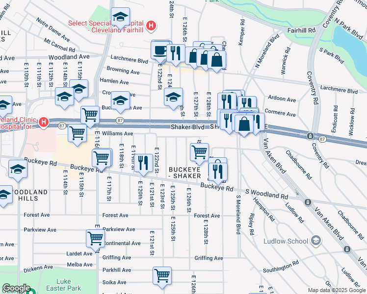 map of restaurants, bars, coffee shops, grocery stores, and more near 2782 East 126th Street in Cleveland