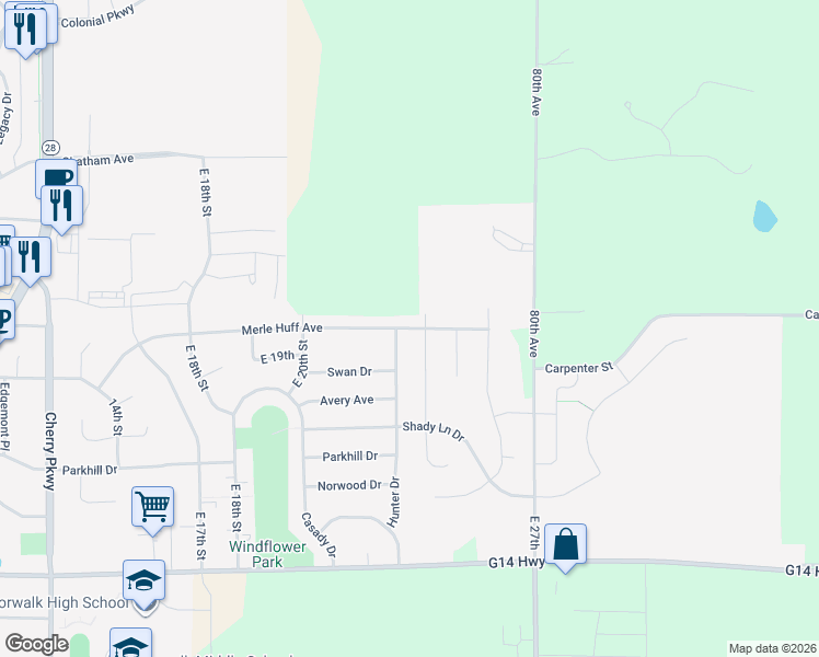 map of restaurants, bars, coffee shops, grocery stores, and more near 2513 Merle Huff Avenue in Norwalk