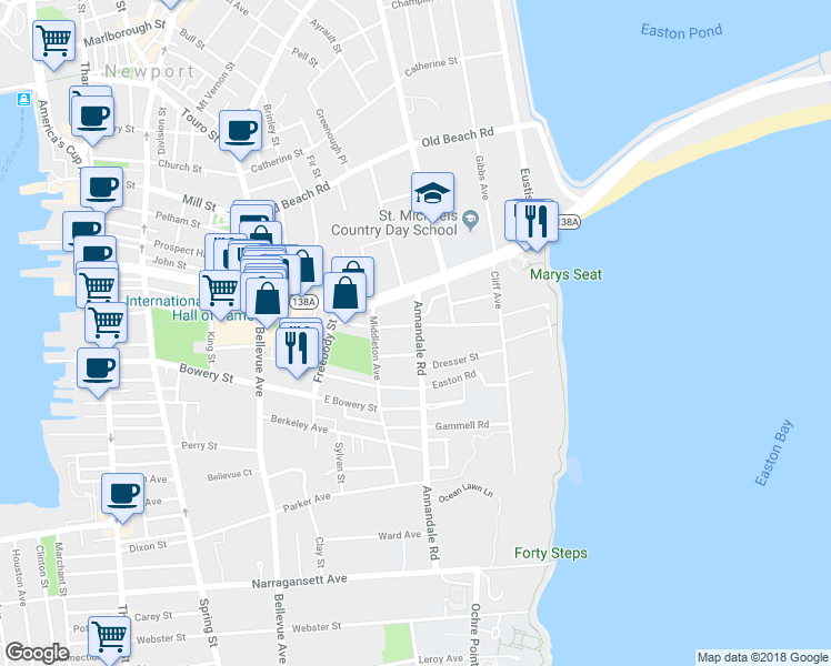 map of restaurants, bars, coffee shops, grocery stores, and more near 17 Annandale Road in Newport