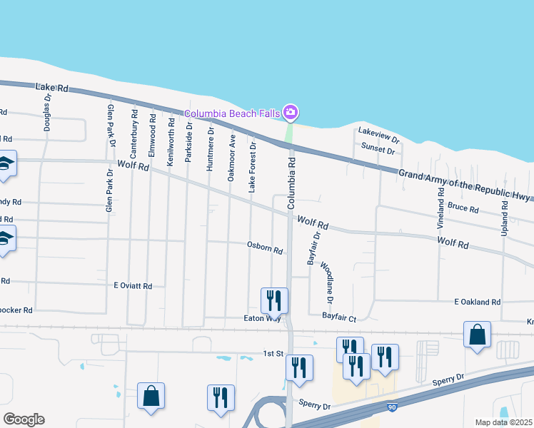 map of restaurants, bars, coffee shops, grocery stores, and more near 25677 Wolf Road in Bay Village