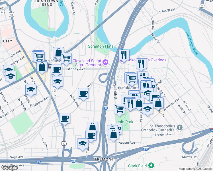 map of restaurants, bars, coffee shops, grocery stores, and more near 1430 Fairfield Avenue in Cleveland