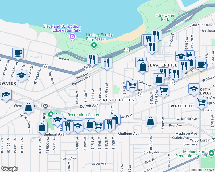 map of restaurants, bars, coffee shops, grocery stores, and more near 1325 West 87th Street in Cleveland