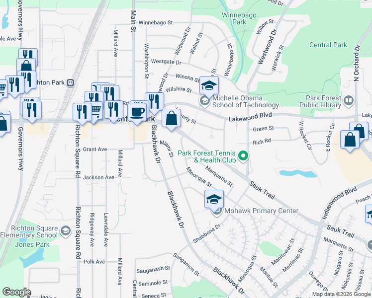 map of restaurants, bars, coffee shops, grocery stores, and more near 354 Minocqua Street in Park Forest