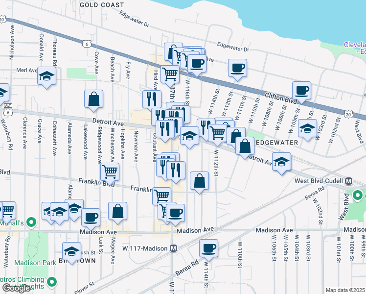 map of restaurants, bars, coffee shops, grocery stores, and more near 1426 W 116th St in Cleveland