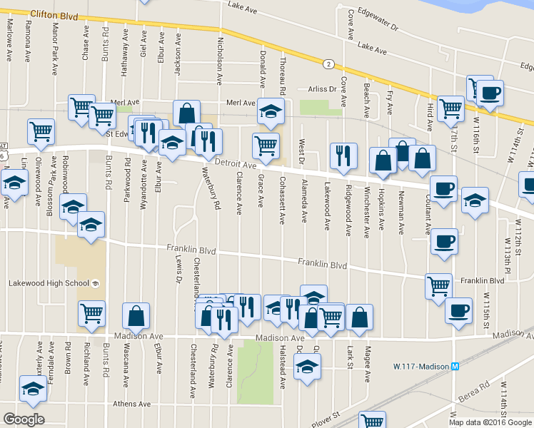 map of restaurants, bars, coffee shops, grocery stores, and more near 1475 Grace Ave in Lakewood